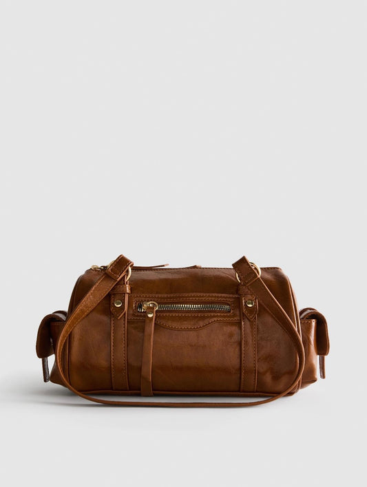 Distressed Faux Leather Bowler Bag